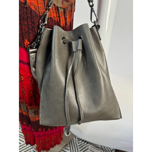 Neiman Marcus Gray Leather Look Drawstring Crossbody Bag Adjustable Strap - Picture 14 of 16